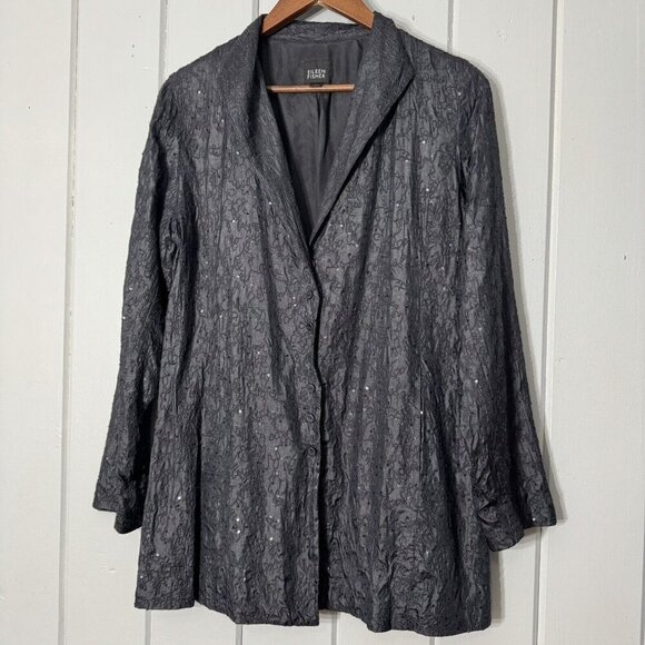 Eileen Fisher Women’s Jacket Black Sequin 100% Silk Jacket Snap Closure Small - Picture 1 of 15